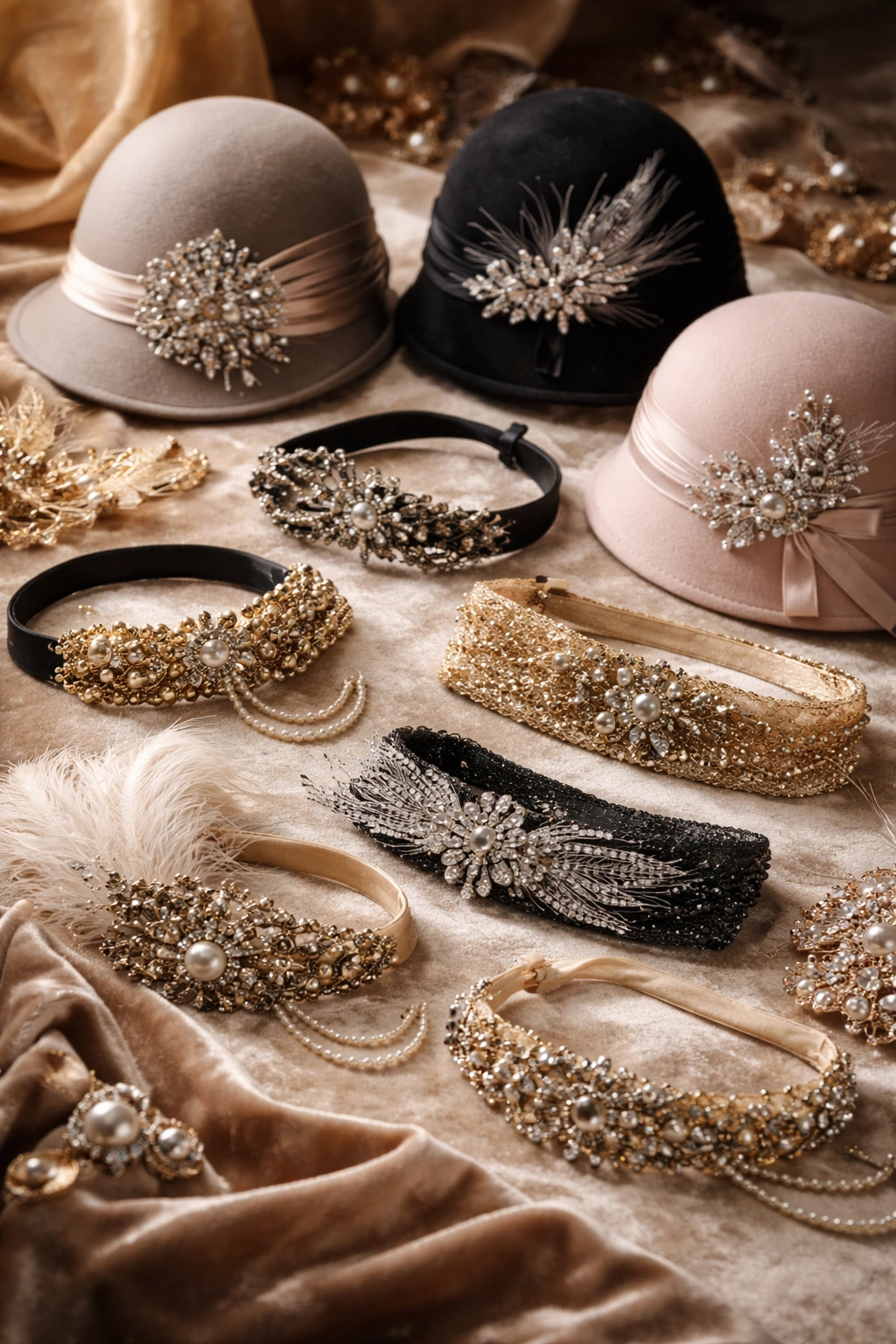 Still-life of headbands, bandeaus, and cloche hats on velvet.