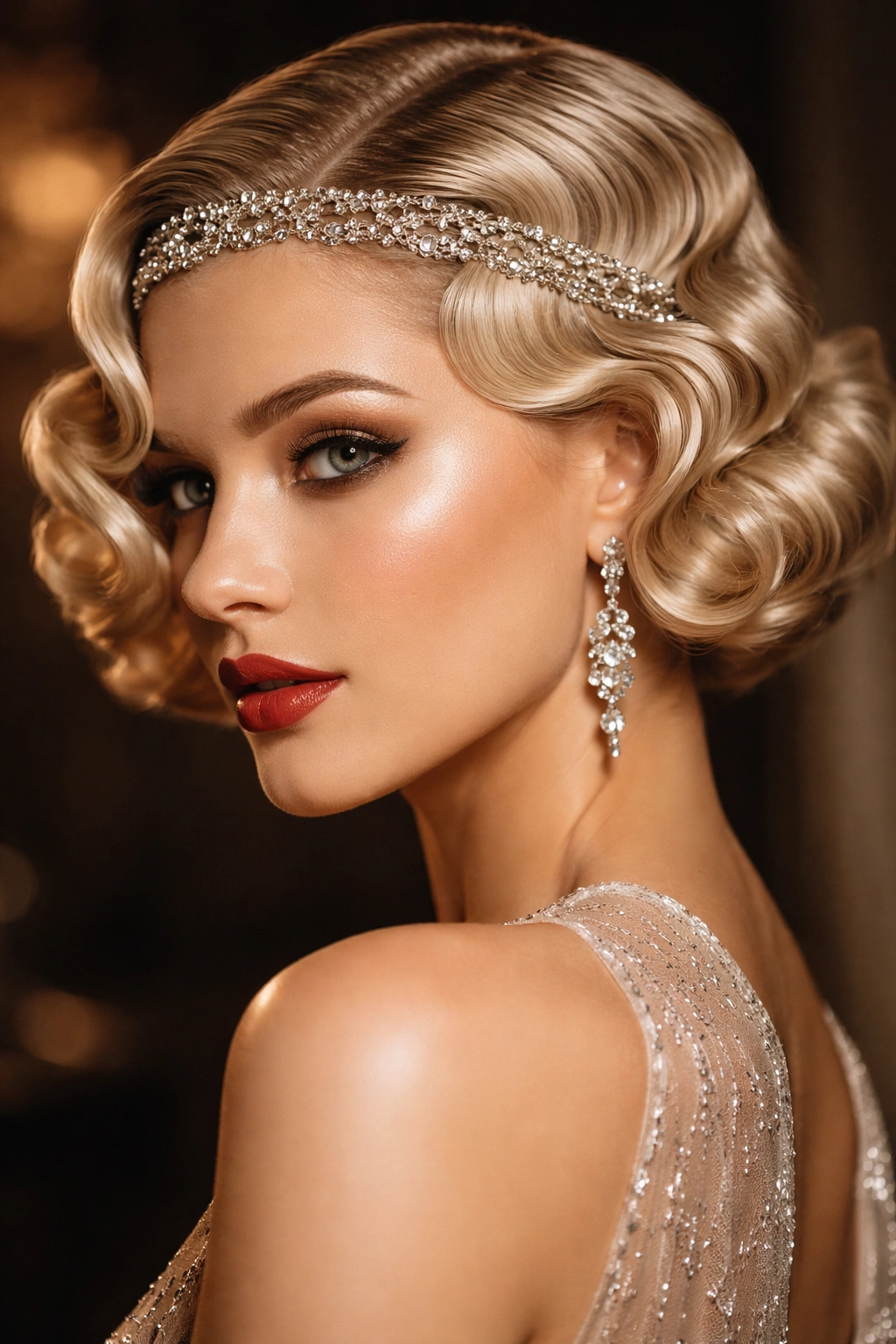 Close-up portrait of a woman with 1920s finger waves and a glossy hairstyle with a beaded headband