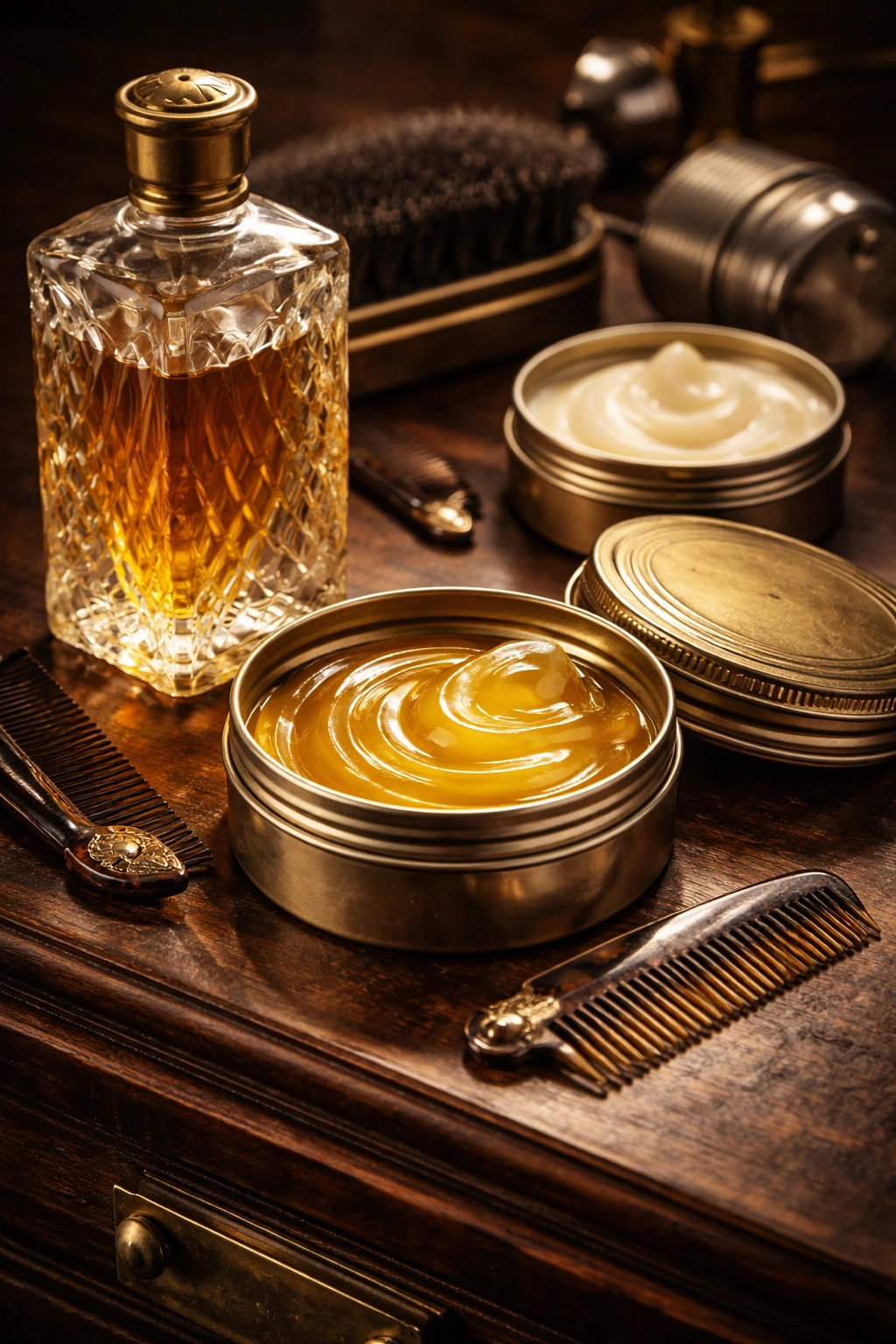Unmarked vintage hair product containers for 1920s hairstyles on wood surface
