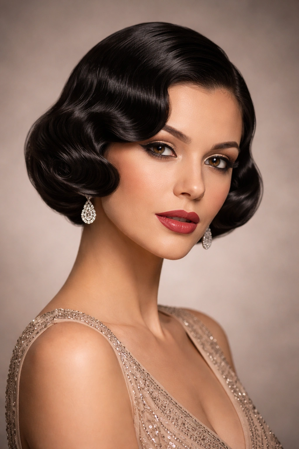 Close-up of a woman with a 1920s finger-wave hairstyle and sleek bob, highlighting sculpted waves and glossy black hair