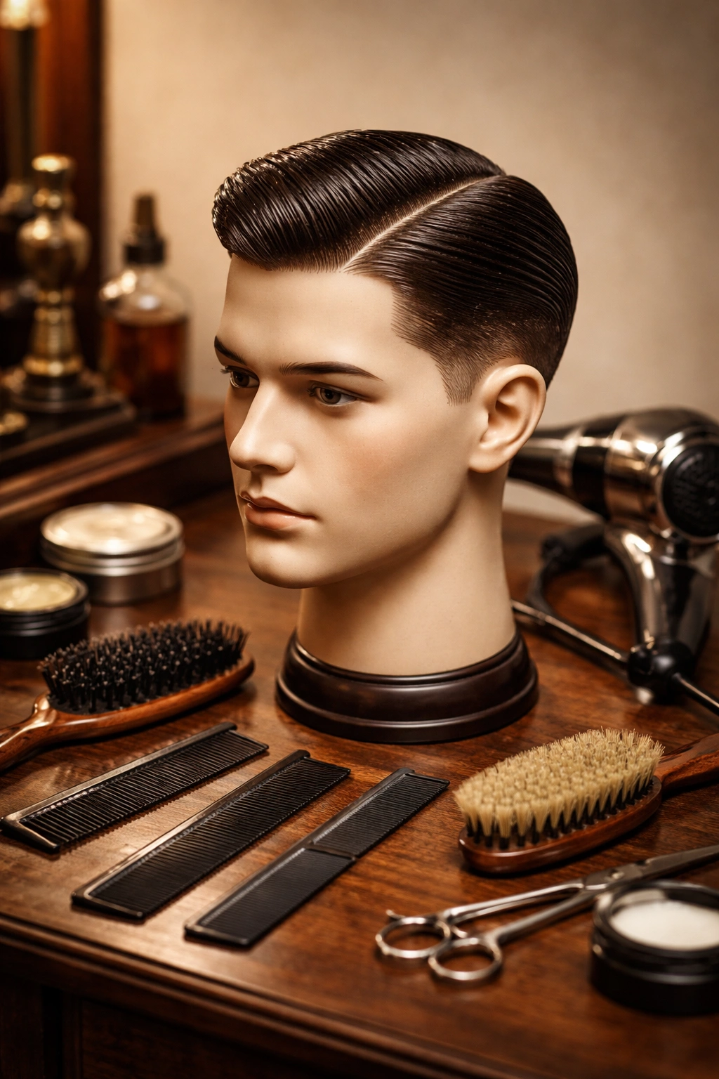 Mannequin head with 1920s side-part hairstyle and vintage barber tools