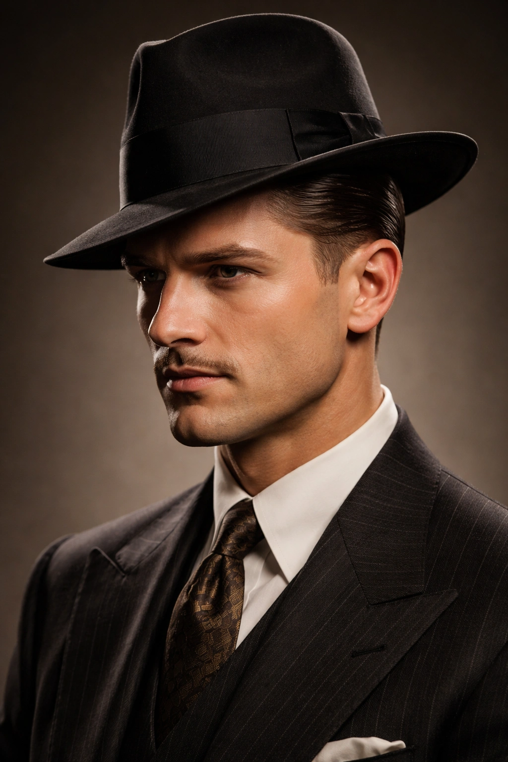 Portrait of a man with 1920s slicked-back hair and fedora, helmet-head silhouette, barbershop vibe