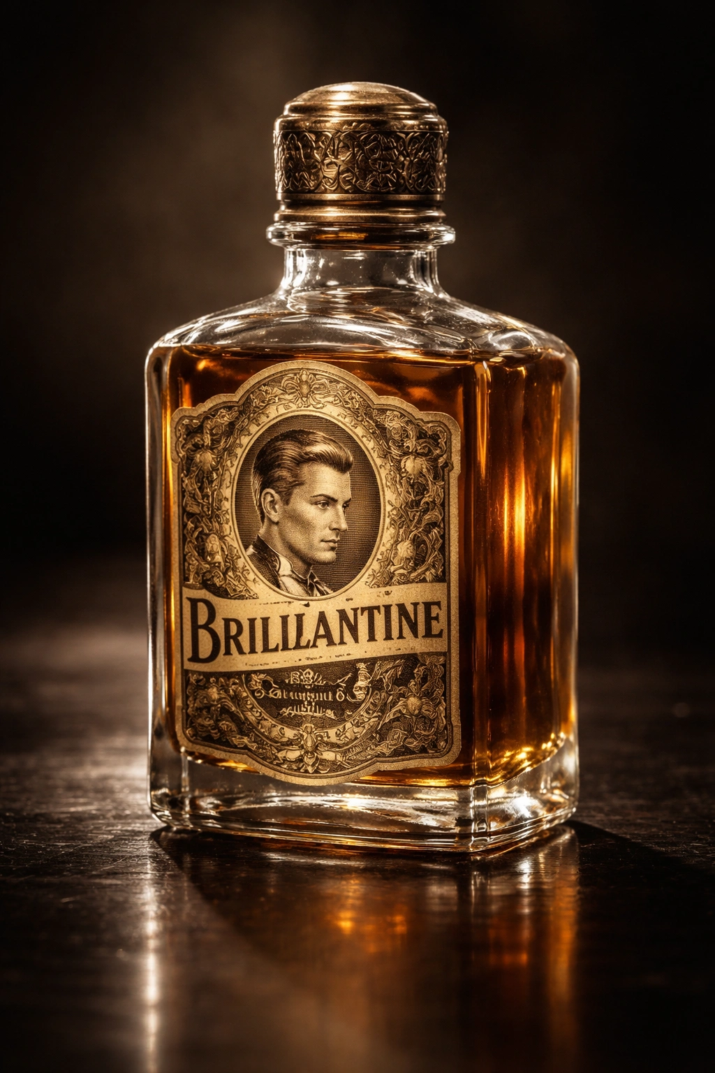 Close-up of vintage 1920s hair product bottle highlighting pomade shine
