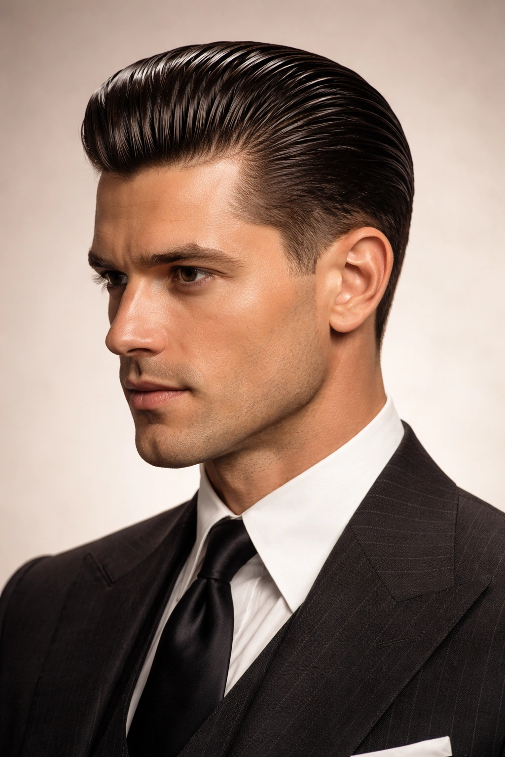 Portrait of man with glossy slicked-back 1920s hairstyle