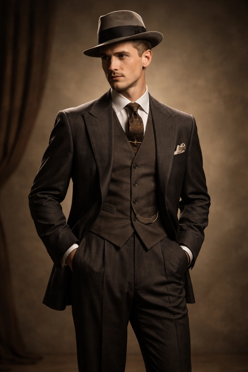 Full-body portrait of a 1920s-inspired man in suit and hat