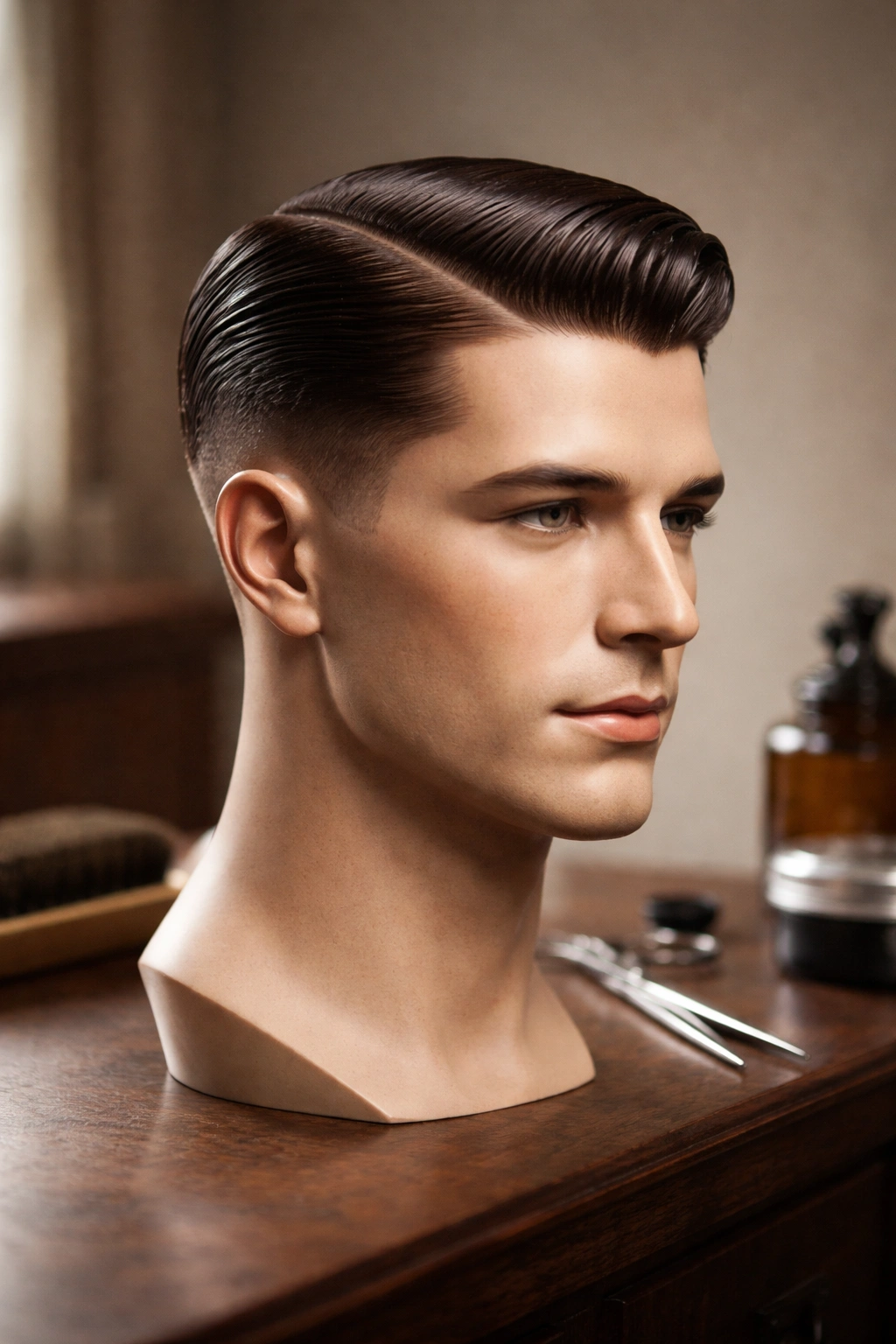Mannequin head with classic 1920s side-part hairstyle in studio