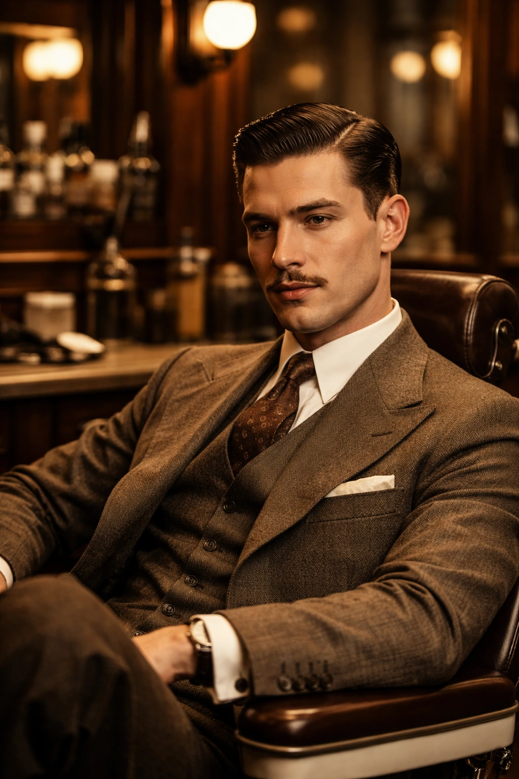 Portrait of a man in a 1930s barber chair representing grooming renaissance