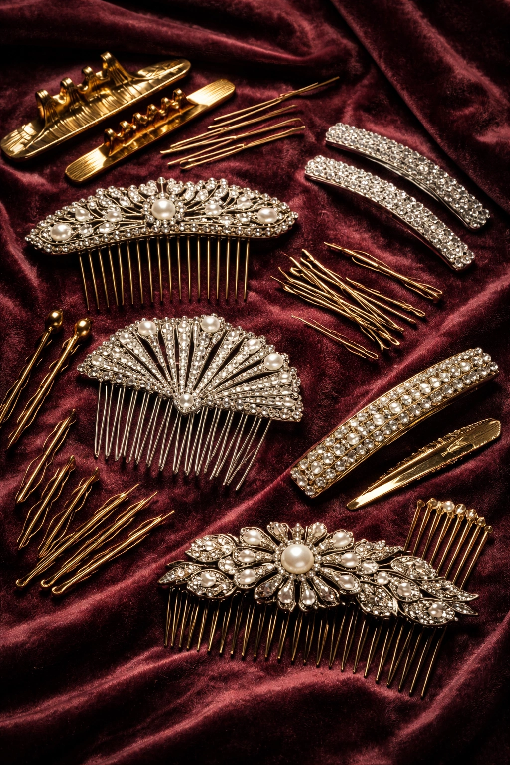 Close-up of 1930s hair accessories on velvet surface