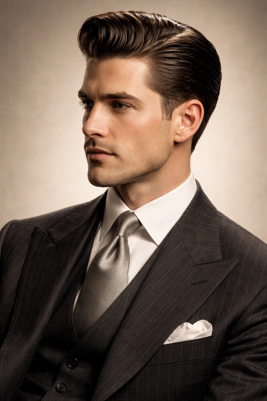 Portrait of a man with a classic 1930s pompadour and sharp suit in a black-and-white studio portrait
