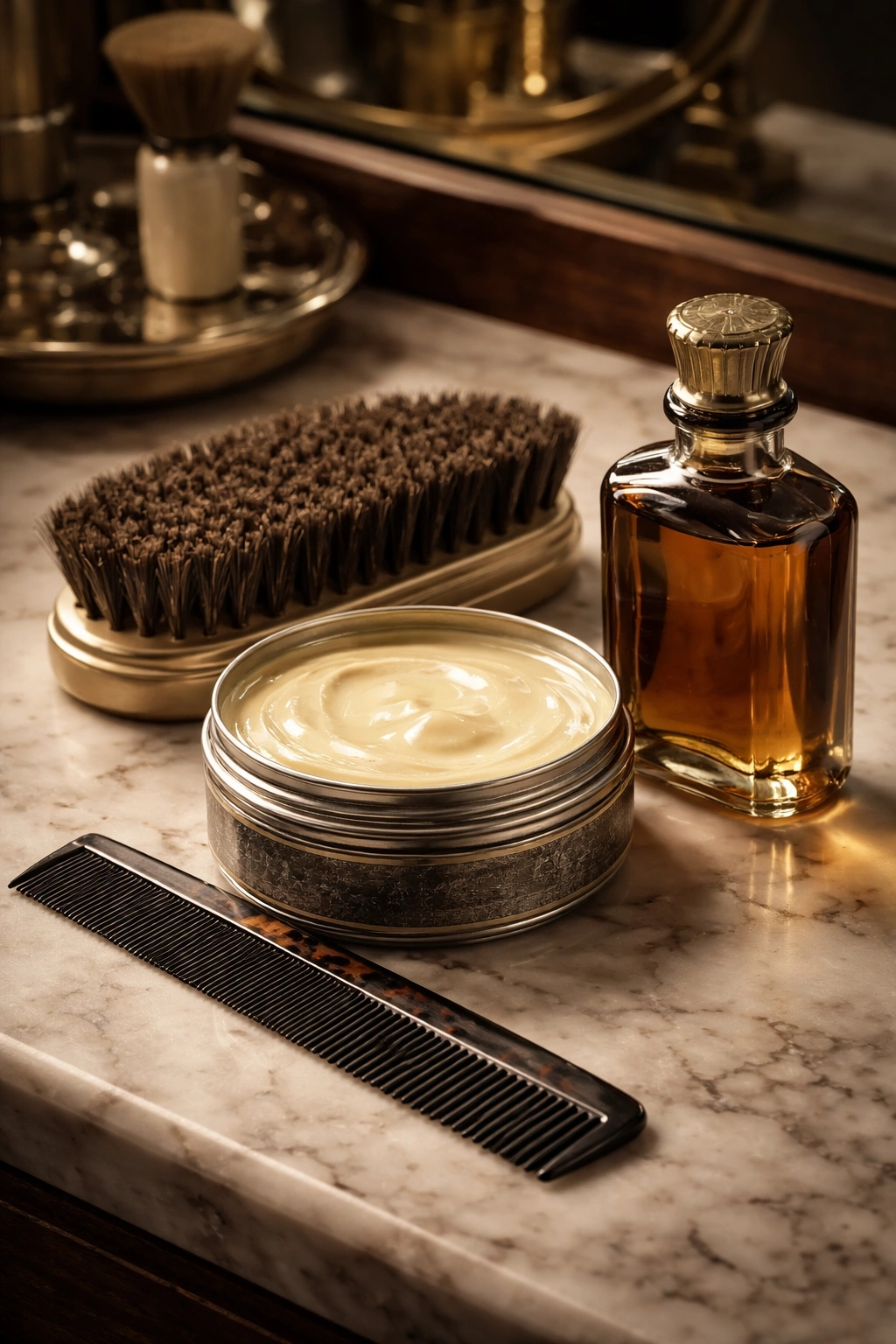 Still life of 1930s grooming products on a vanity