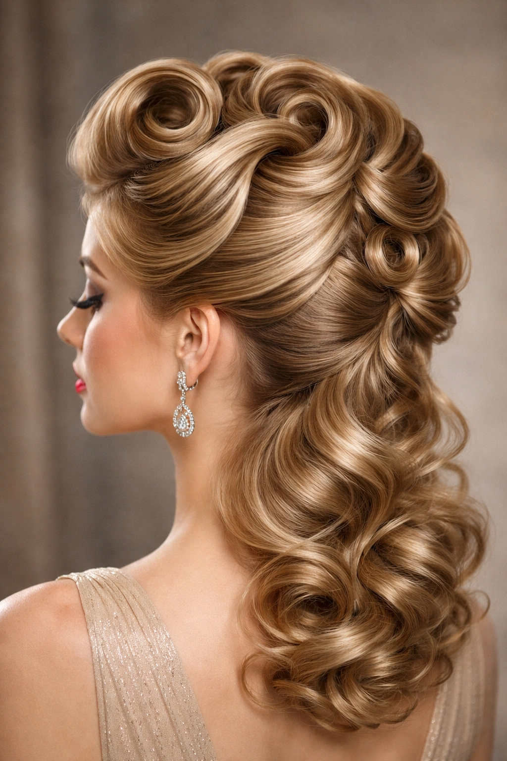 Elegant long updo with decorative rolls and curls