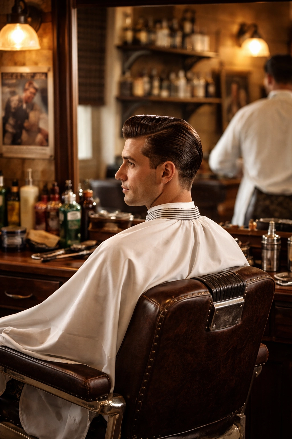Vintage barber shop scene with client sporting a polished 1940s hairstyle