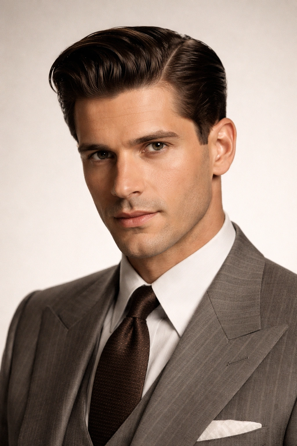 Portrait of a man with a classic 1940s hairstyle in clean studio lighting.
