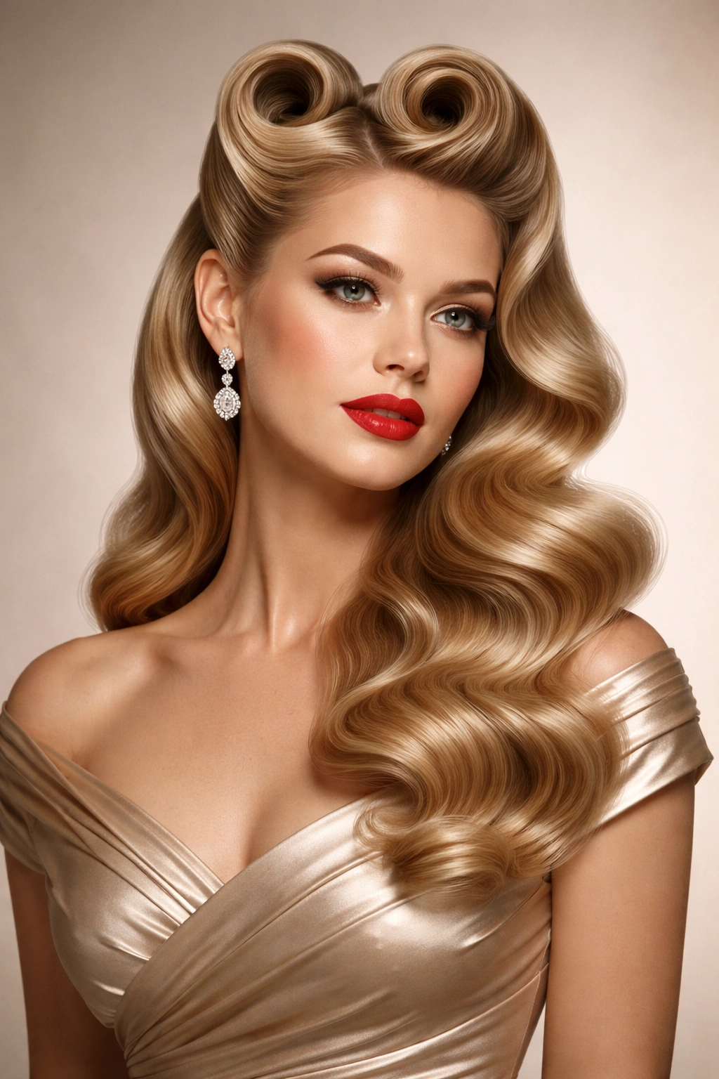 Modern model with 1940s victory rolls hairstyle.