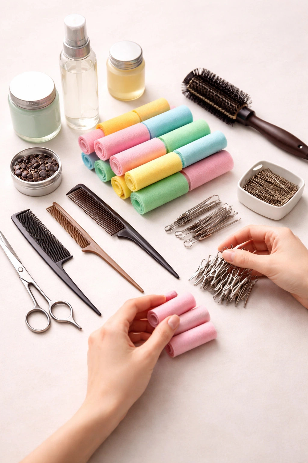 Hairstylist hands with vintage tools and no text, preparing 1940s styling