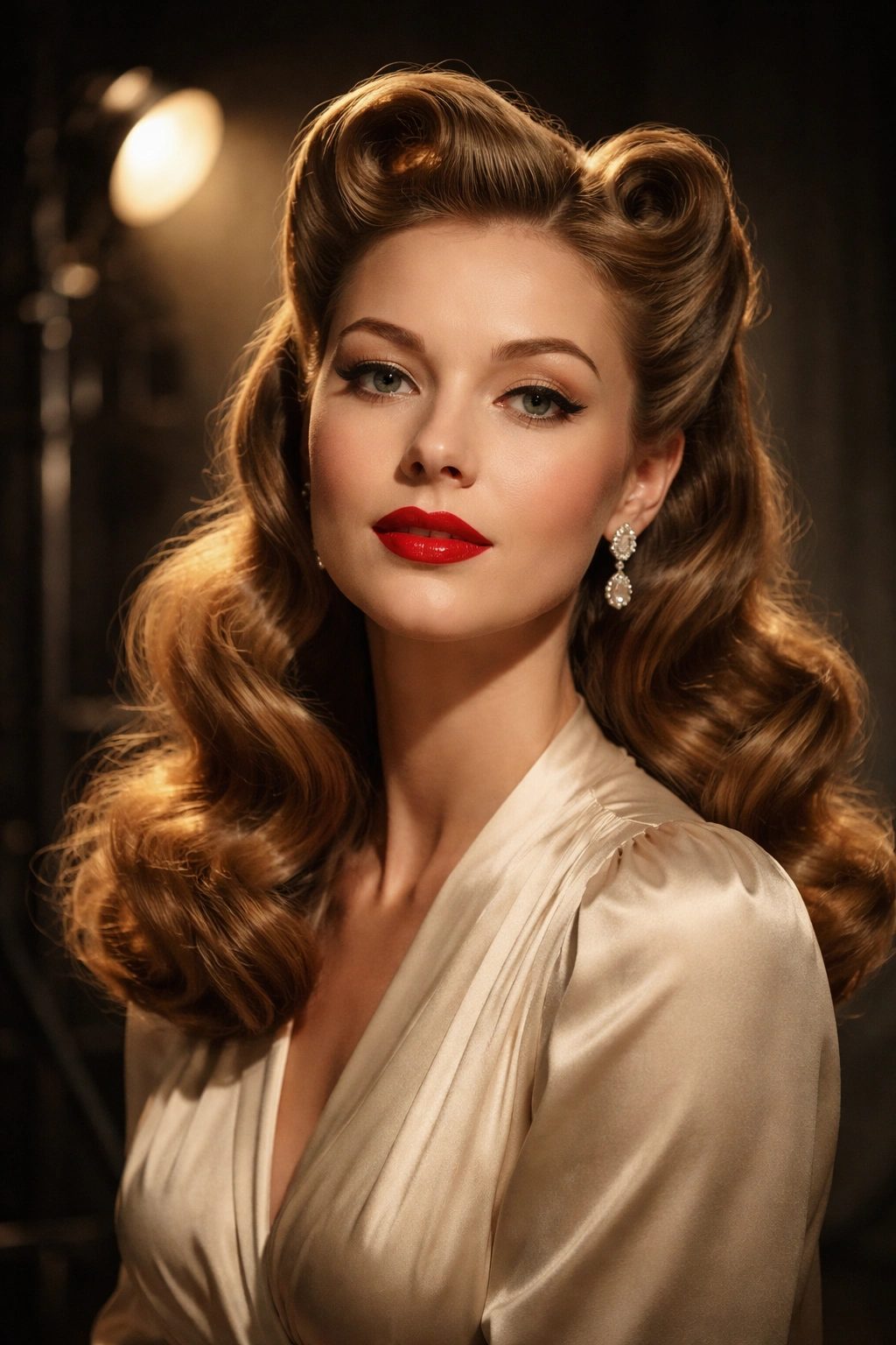 Portrait of a woman with victory rolls reflecting wartime glamour.