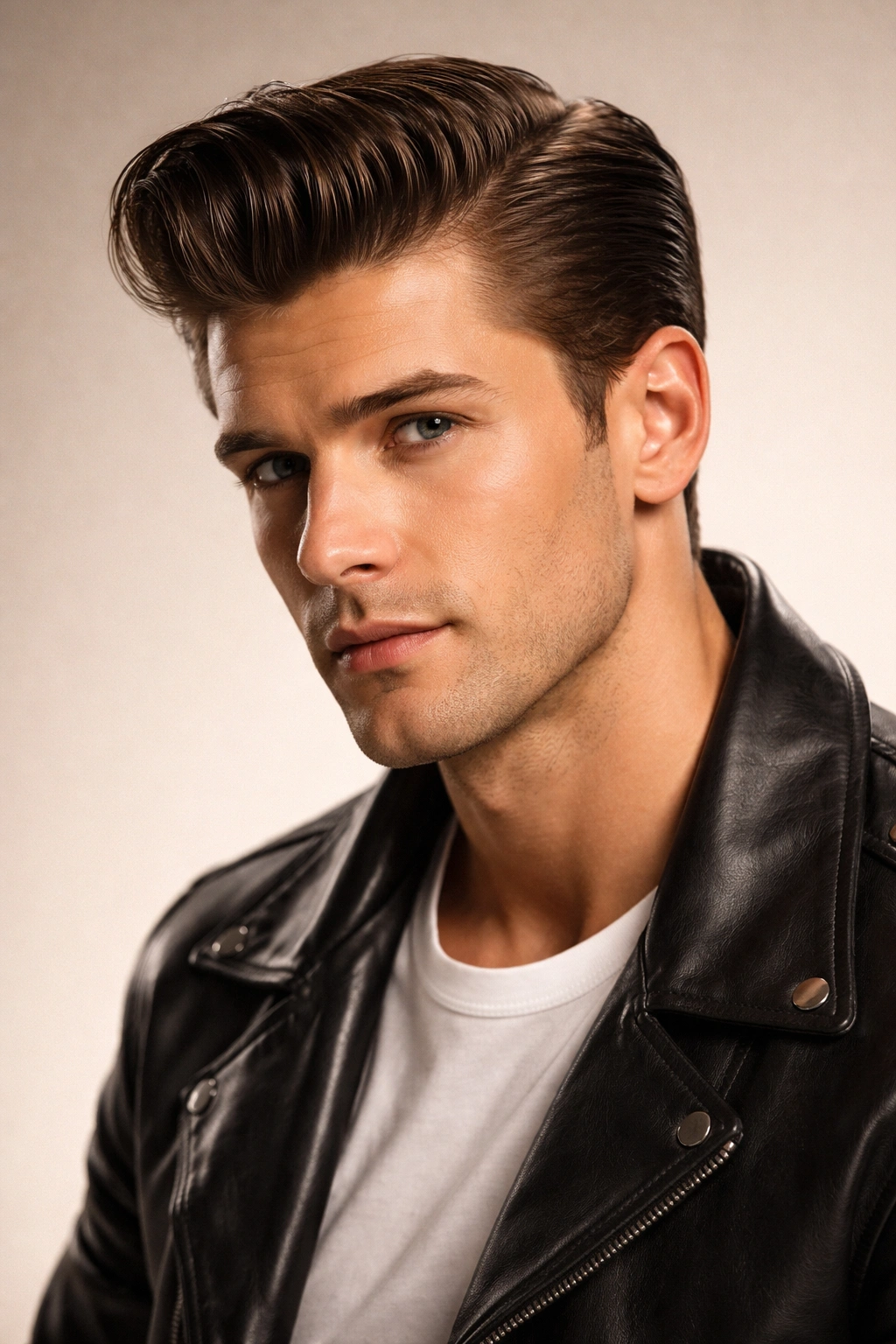 Portrait of a man with a classic 1950s pompadour hairstyle in studio lighting