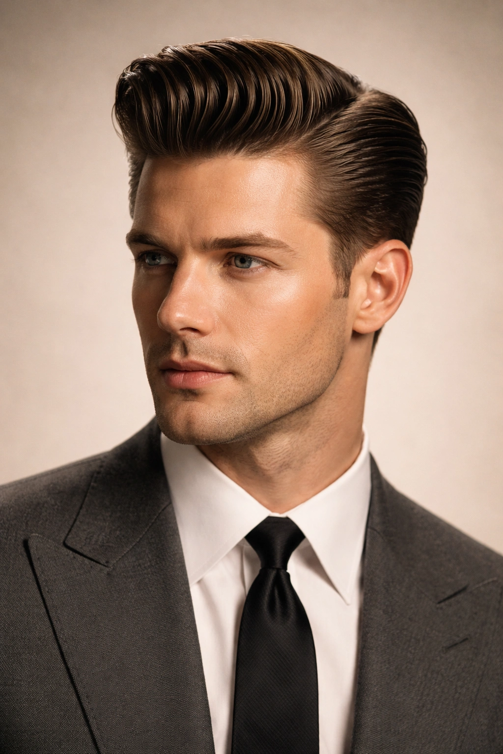 Portrait of a man with a classic 1950s pompadour highlighting face shape in studio lighting