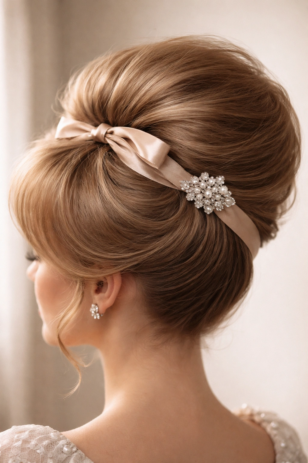 Close-up of a 1960s bouffant with silk ribbon and jeweled clip, showcasing vintage hair accessories