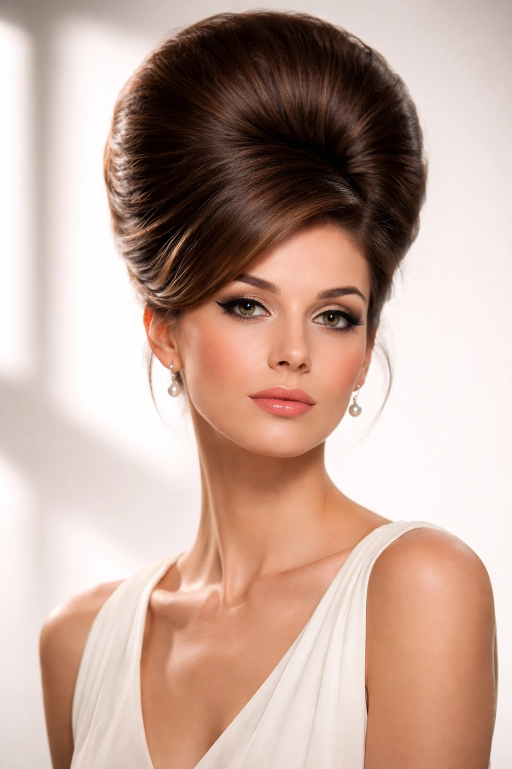 Portrait of a model with a classic beehive hairstyle representing timeless 1960s hair