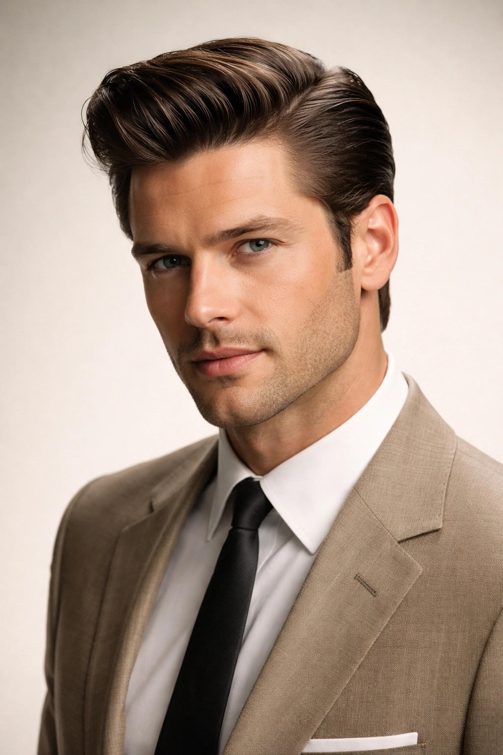 Confident man with a timeless 1960s haircut in a studio portrait.