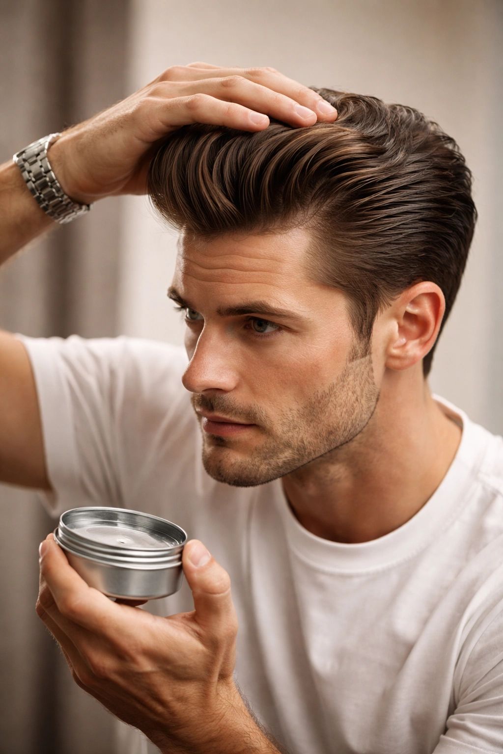 Modern man styling 1960s hairstyle with pomade for today.