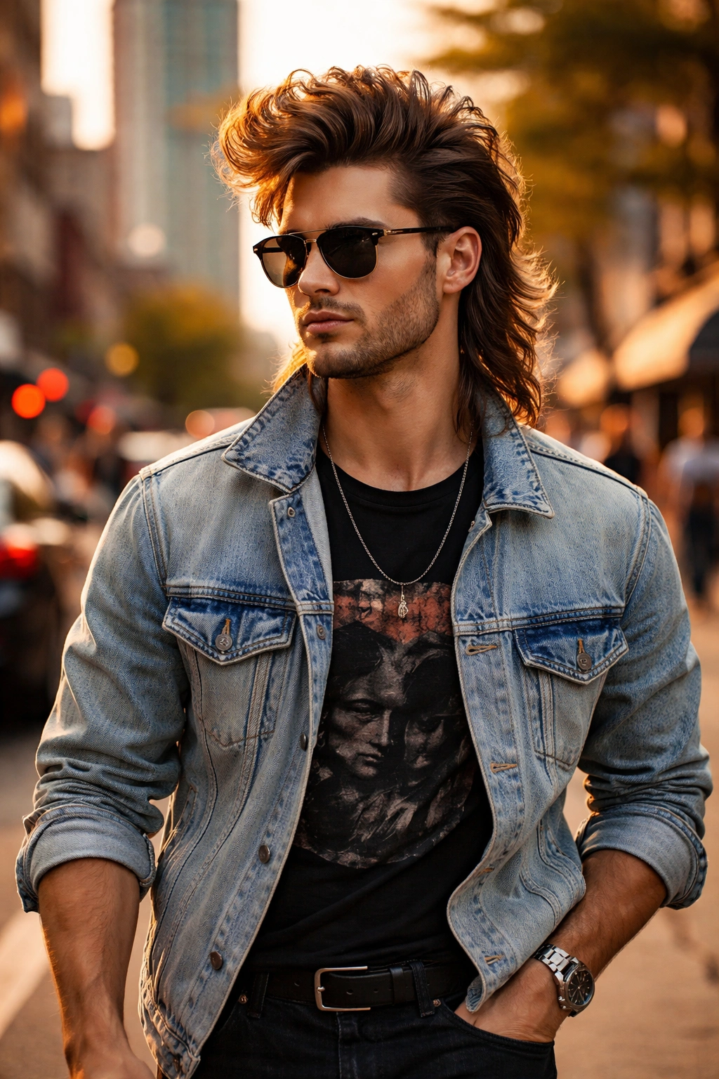 Modern man with updated 1980s hairstyle in urban setting