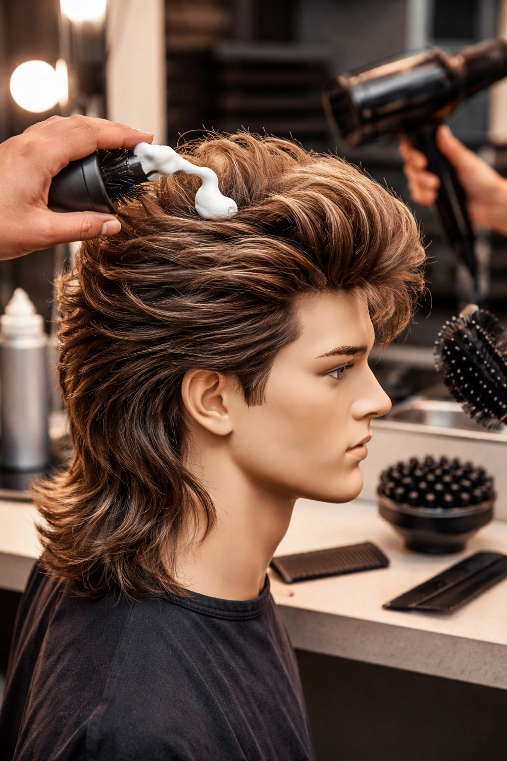 Close-up of stylist working on an authentic 1980s hairstyle on a mannequin head