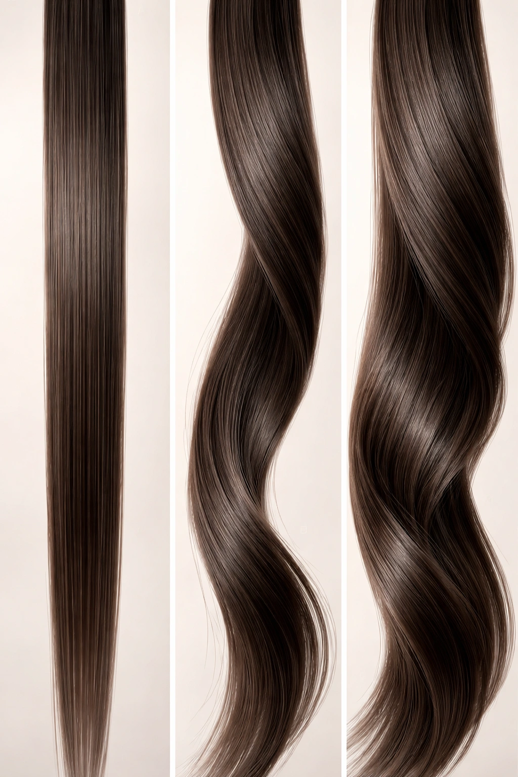 Three hair strands illustrating differences in diameter: ultra-fine 1A, thicker 1B with slight bend, thicker 1C with more body