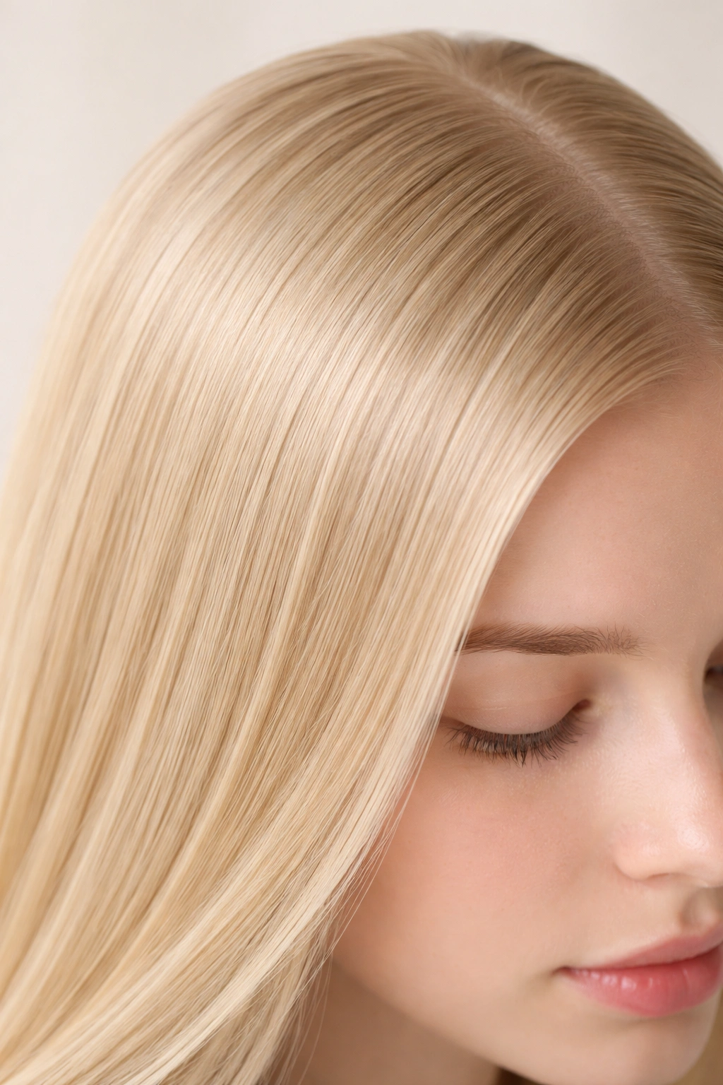 Close-up view of ultra-fine straight 1A hair strands against the scalp with high scalp visibility