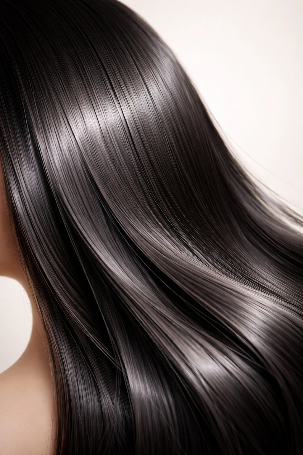 Close-up of ultra-straight fine 1A hair with sleek shine against neutral background