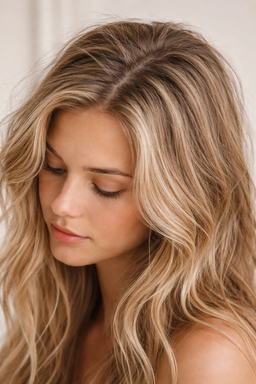 Macro close-up of 2A hair showing frizz at crown and flat roots