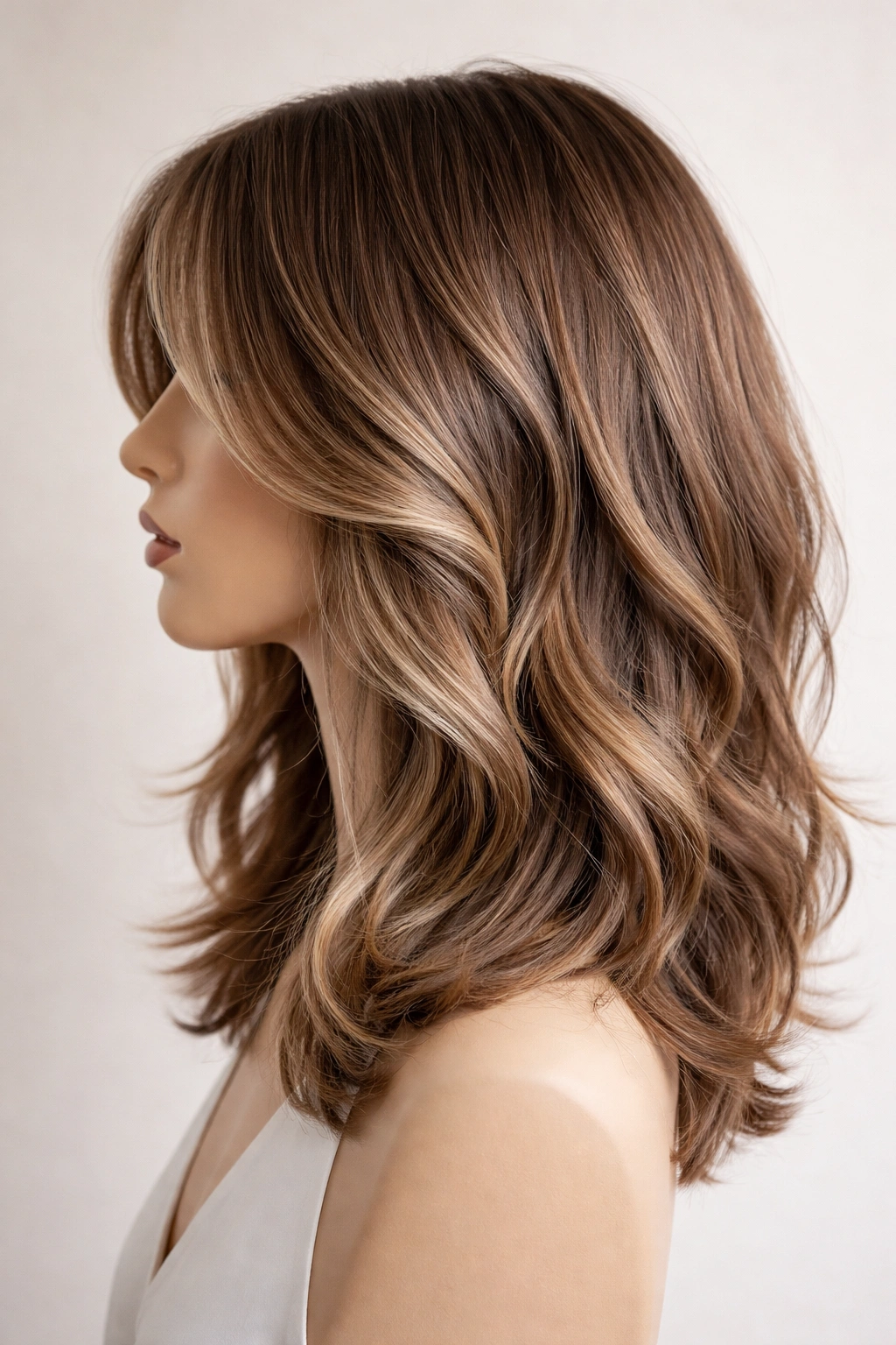 Side-profile mannequin head with shoulder-length 2A waves and layered cut