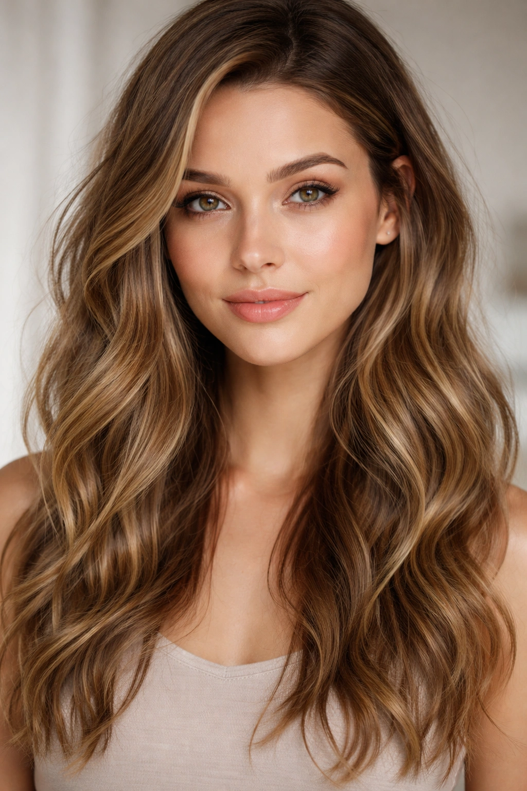 Head-on view of 2A hair with tousled beachy waves and deep side part