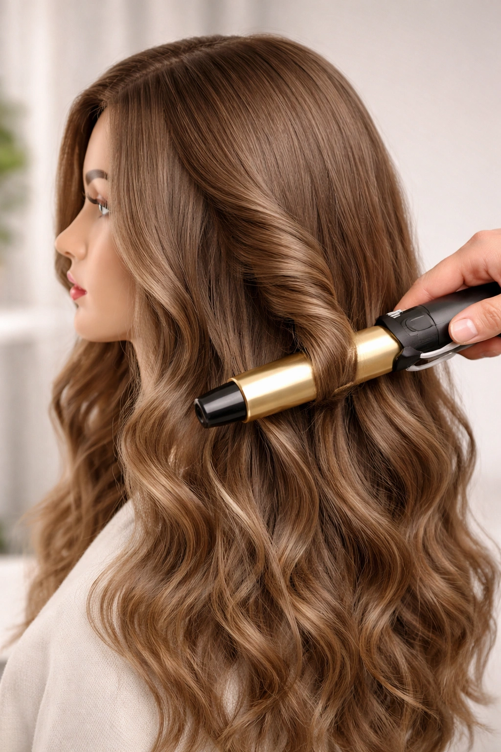 2A hair being curled with a 1-inch curling iron to form soft waves