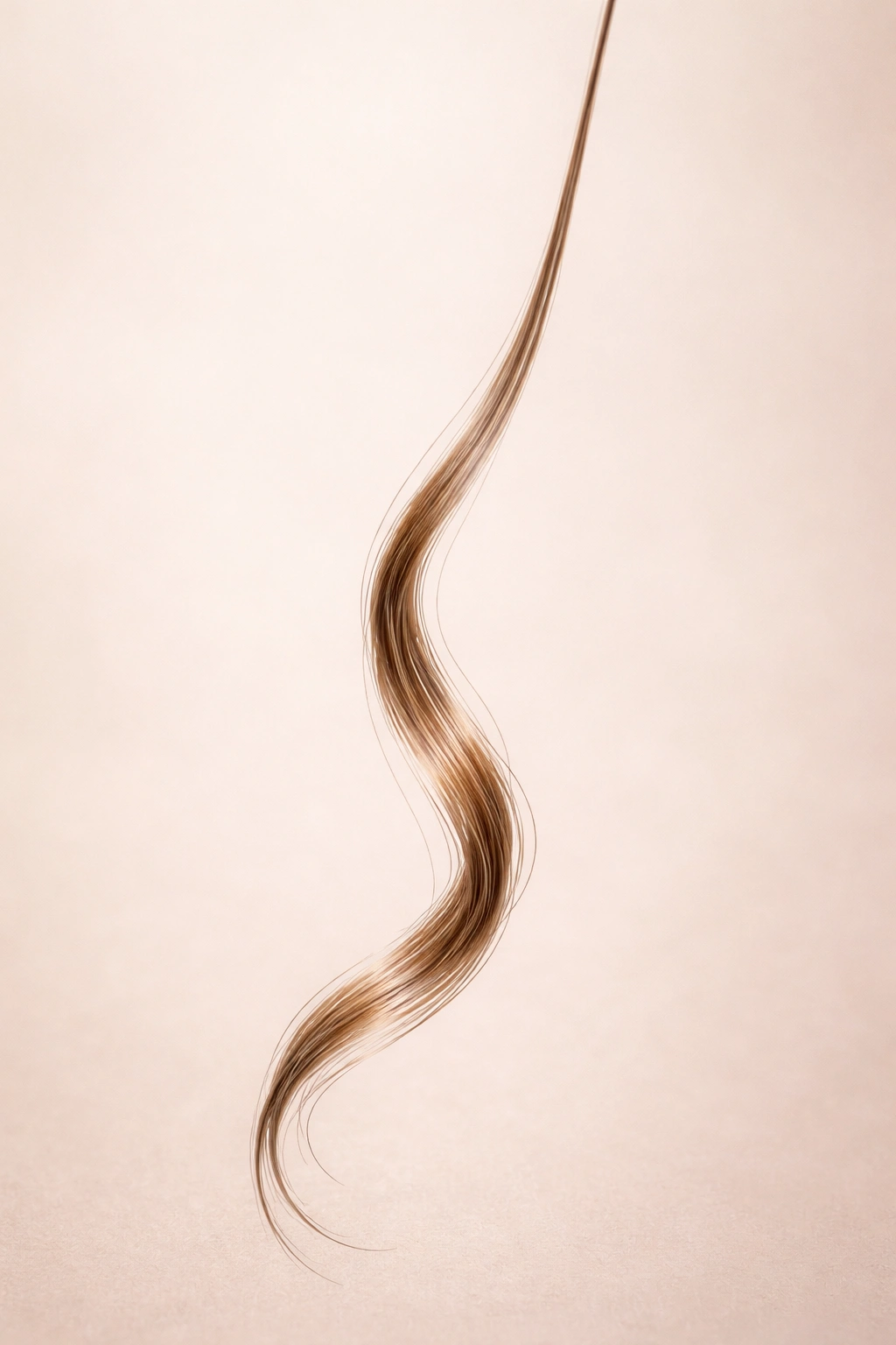 Close-up of a fine hair strand with a loose S-curve indicating 2A texture.