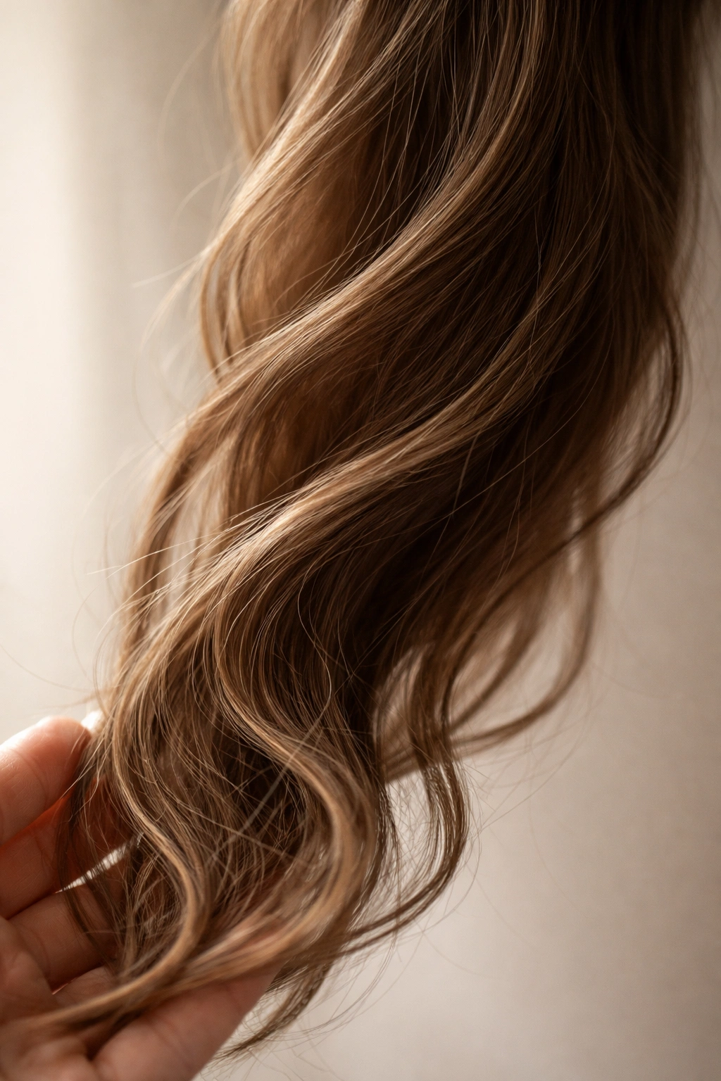 Close-up of 2A hair texture with subtle waves and bends