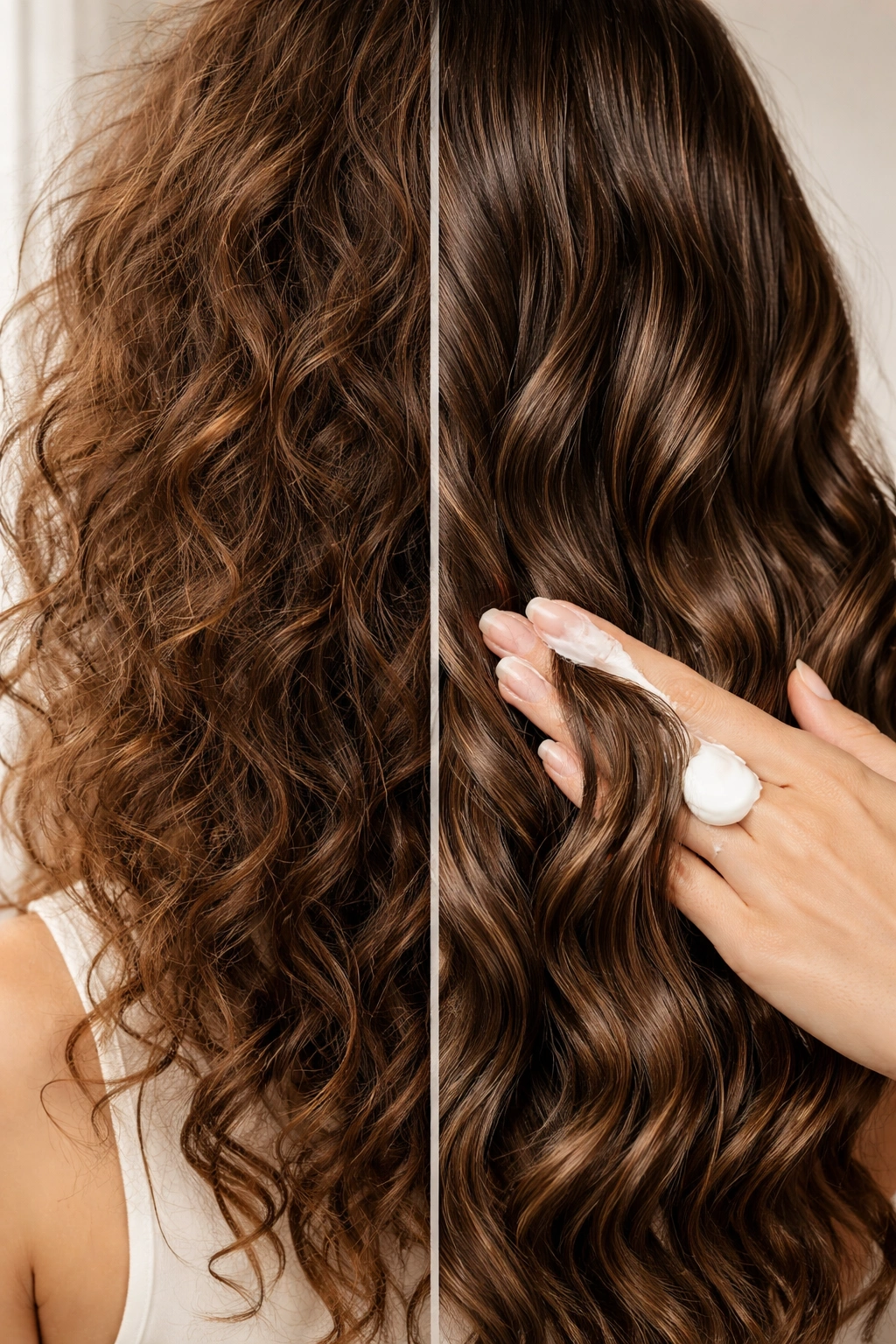 2B hair with frizz and smooth waves, illustrating common concerns and solutions.