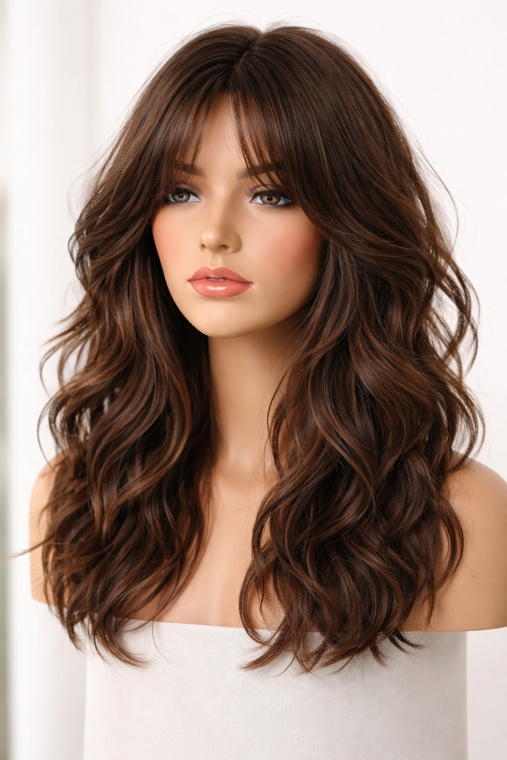 Mannequin head displaying layered 2B waves, lob, curtain bangs and shag texture.