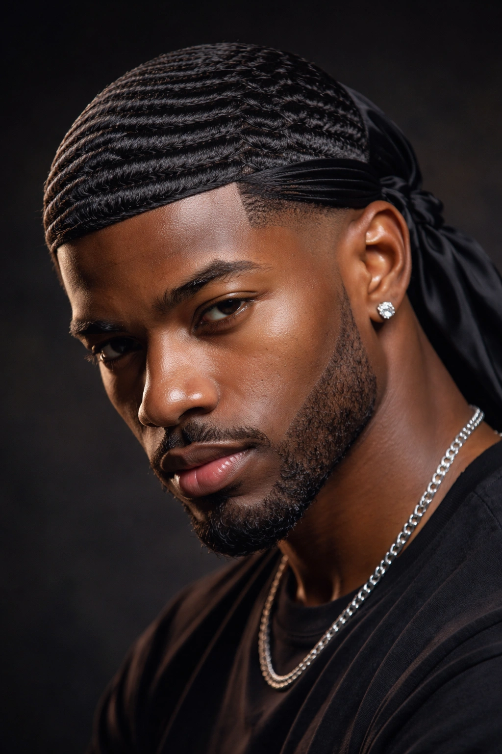 Close-up of a Black man's 360 waves with a high skin fade and durag