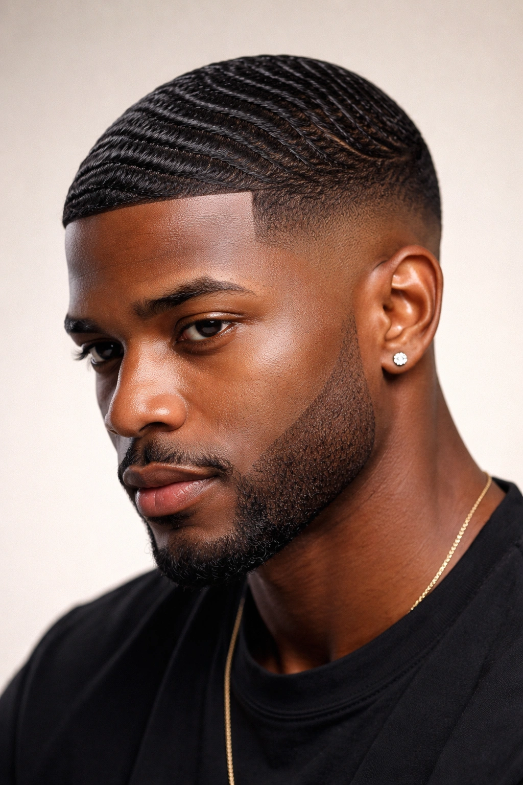 Close-up of a Black man with 360 waves and a high fade