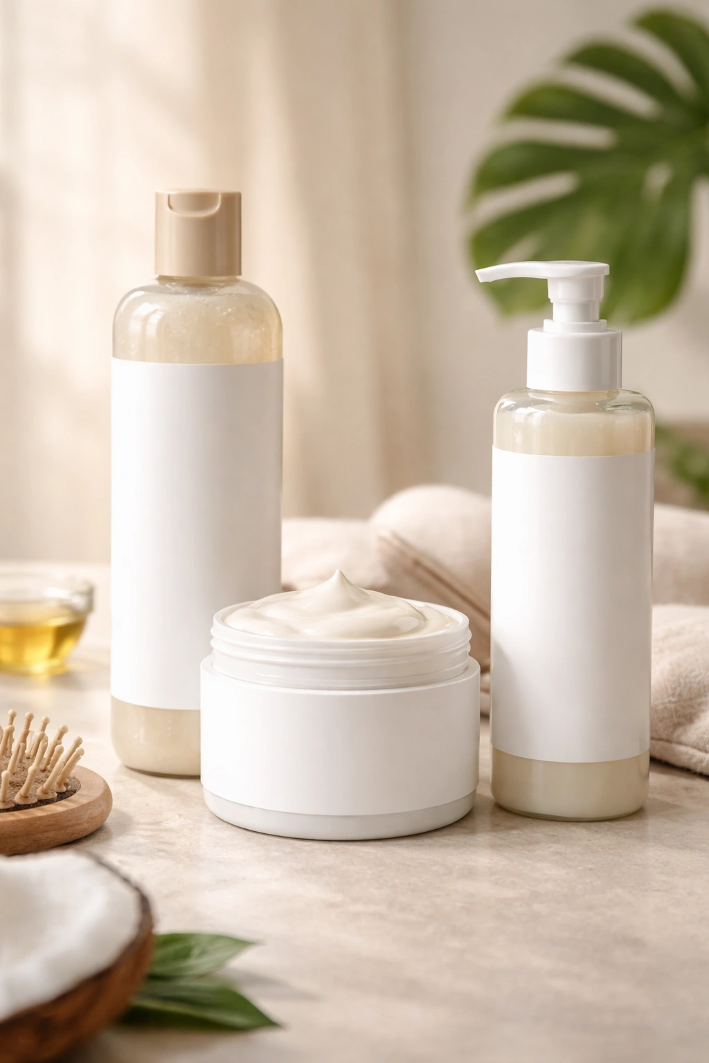 Three blank-label hair care bottles for 3C curls: shampoo, deep conditioner, leave-in conditioner.