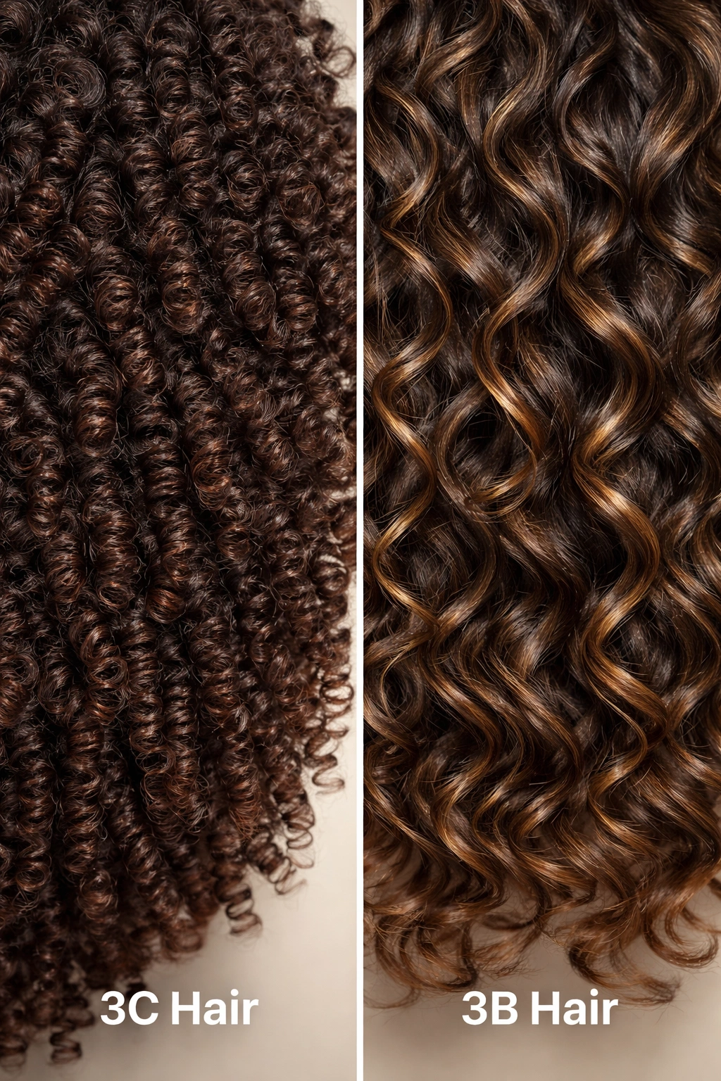 Side-by-side comparison of 3C corkscrew curls and 3B looser ringlets