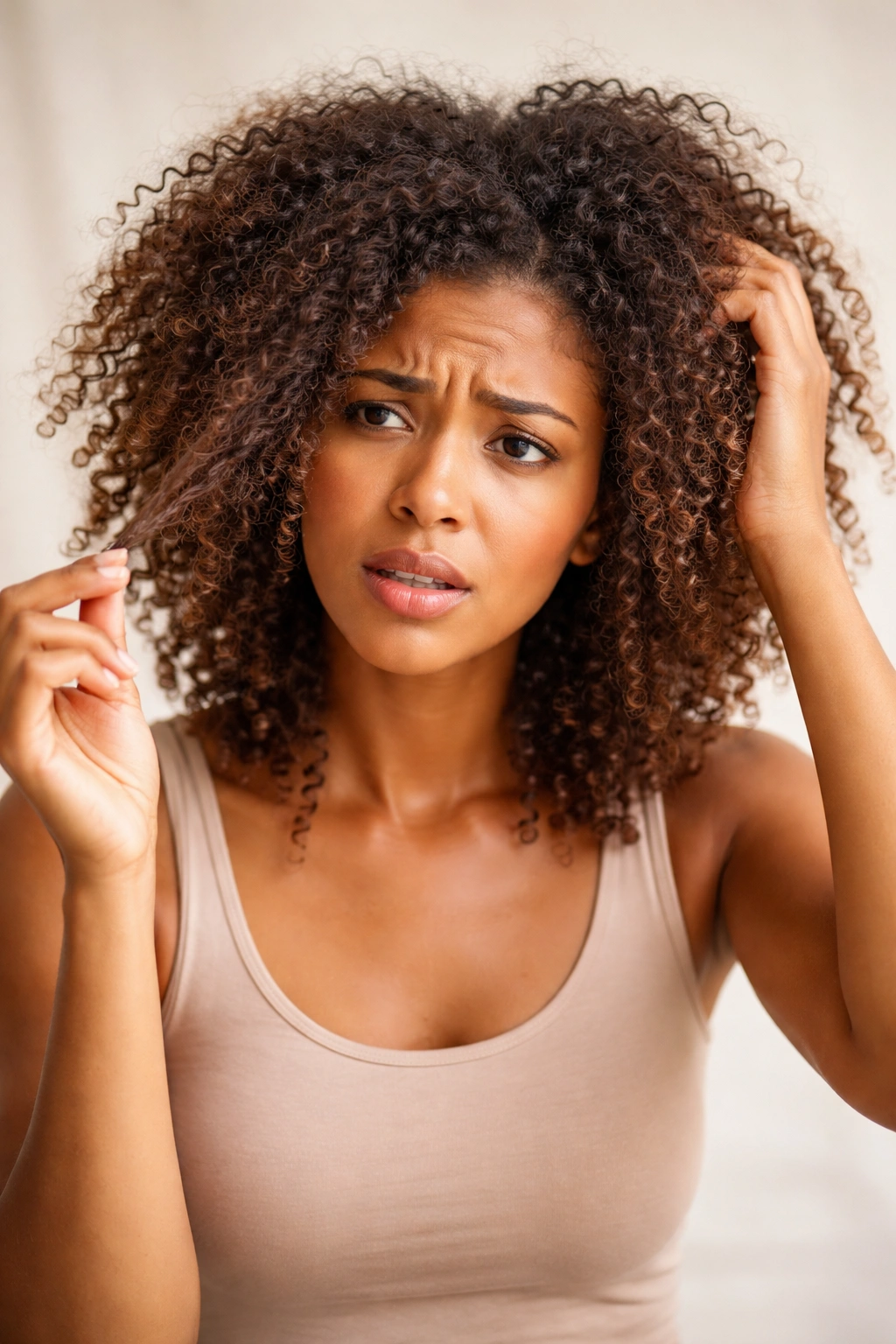 Frizzy 3C curls and a concerned expression illustrate common mistakes.