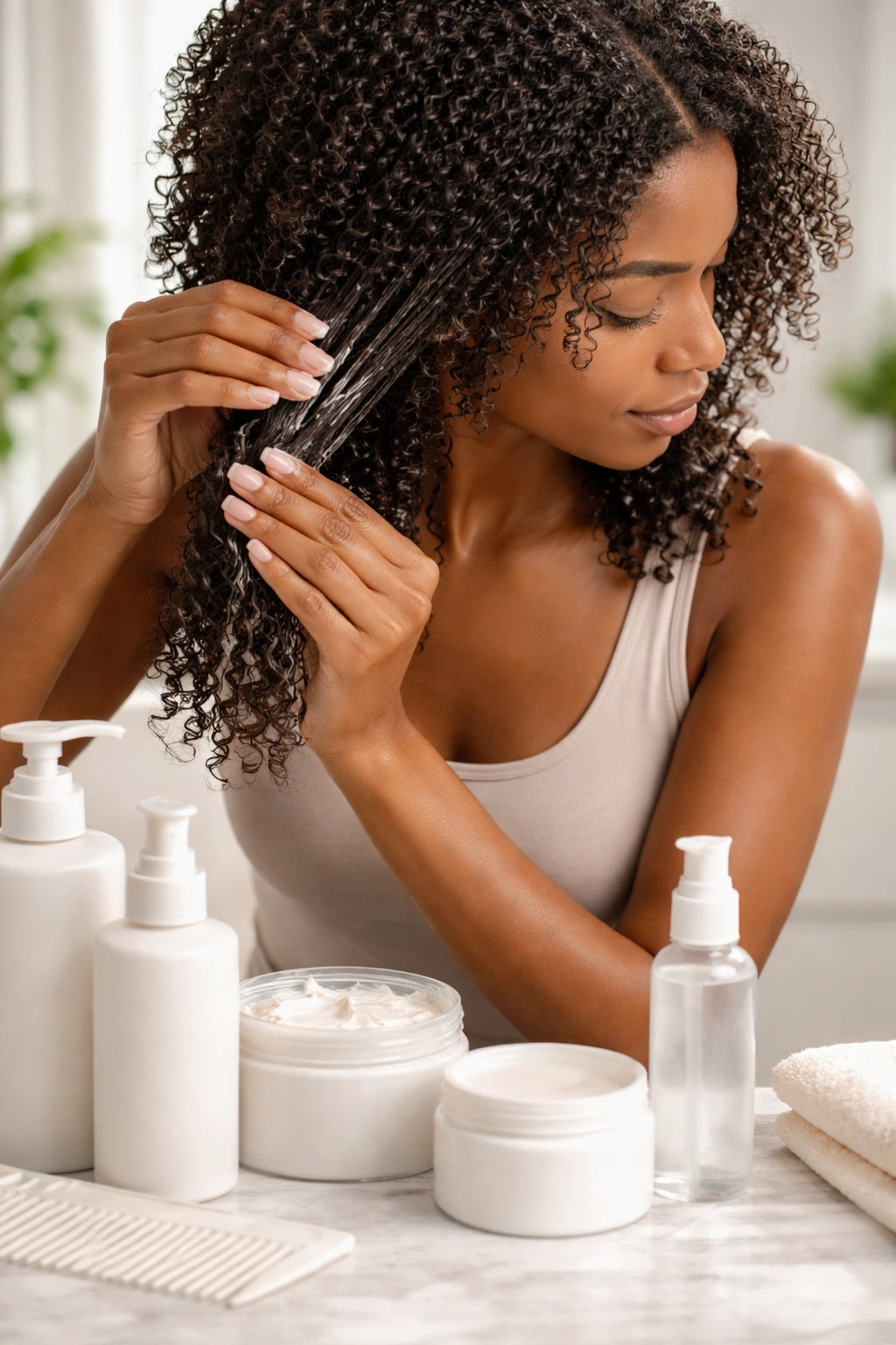 Close-up of applying product to 4A curls with unlabeled bottles on a vanity.