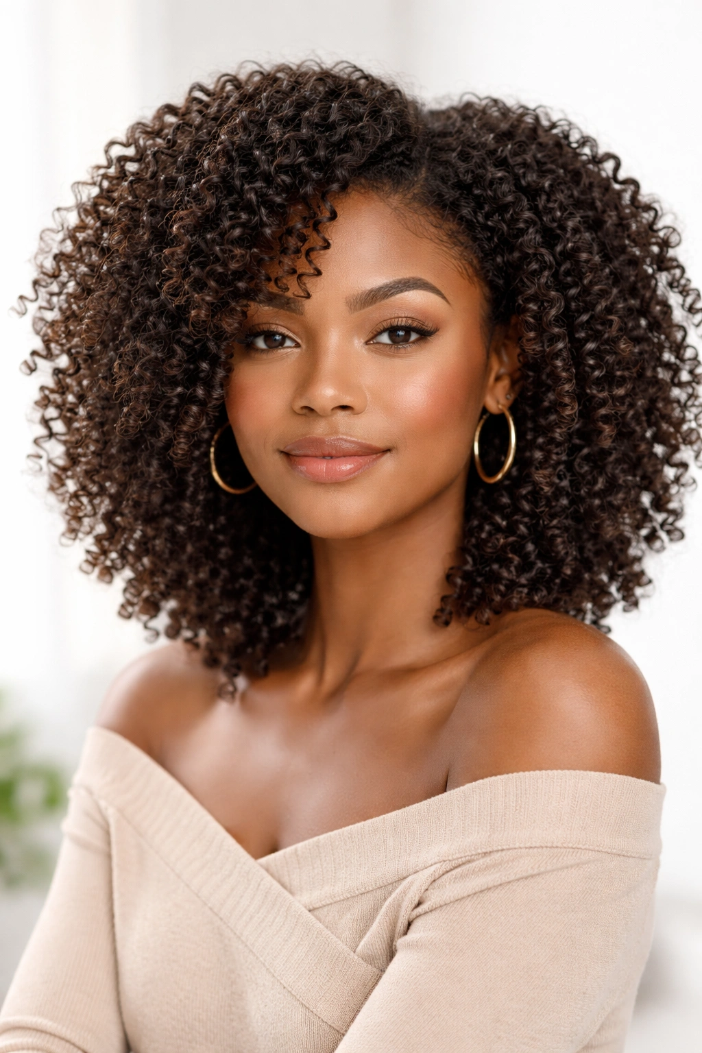 Portrait of a person with moisturized, defined 4A curls in a bright studio.