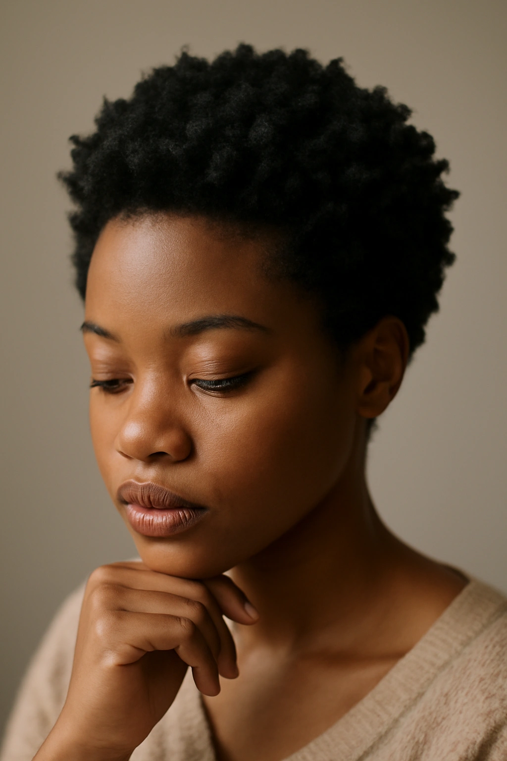 12 Short 4C Hairstyles That Look Effortlessly Good 13 Close-up portrait of a person with short, natural 4C hair and defined coils in a neutral studio backdrop