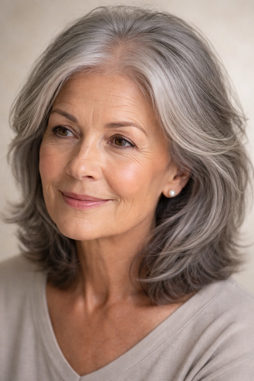 Close-up portrait of a woman in her 60s with thinning gray hair
