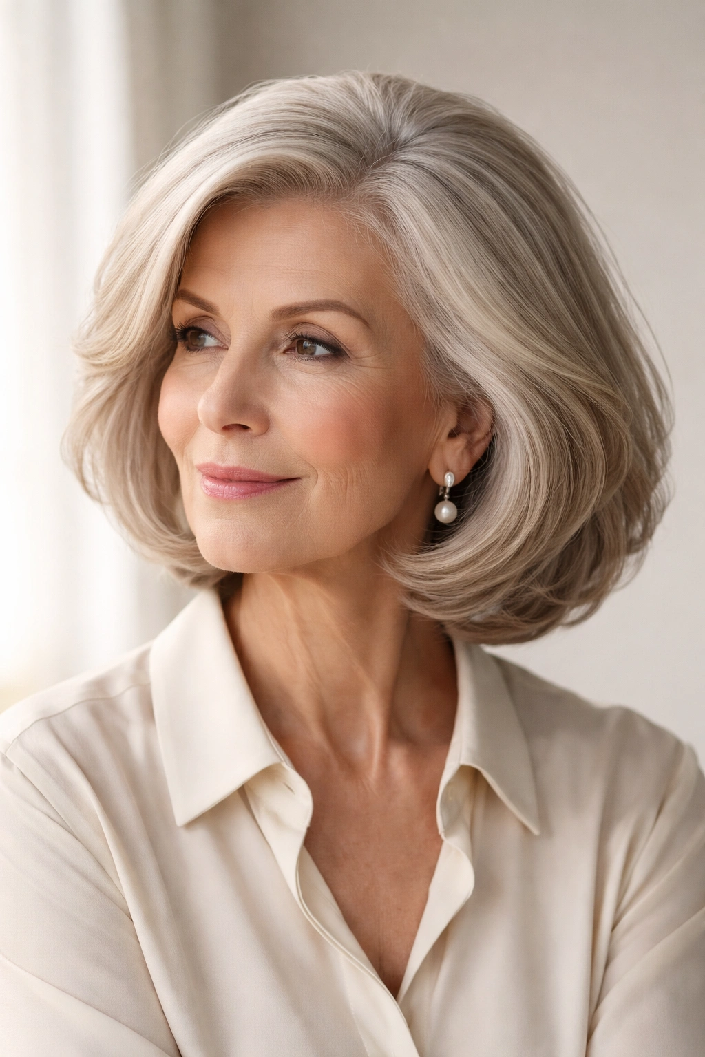 Portrait of a stylish 70s woman with a polished blown-out bob, conveying confidence and contemplation