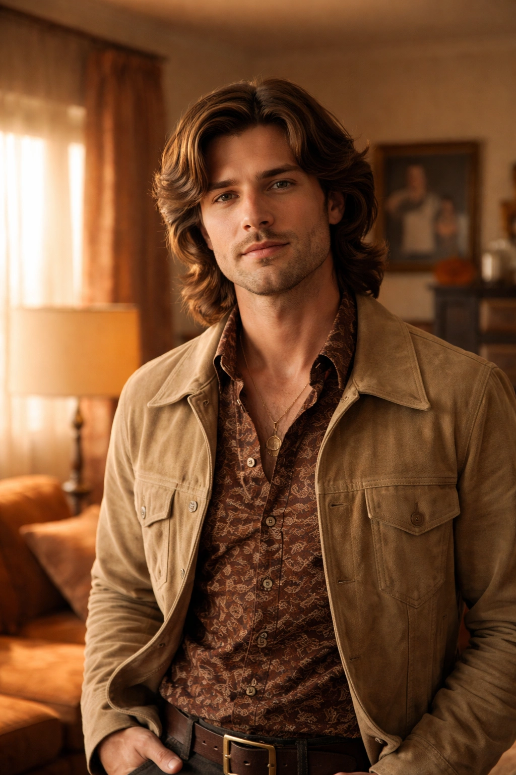 Single man with shoulder-length 1970s hairstyle in retro living room